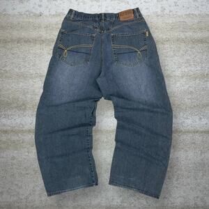 Vintage Y2K Old Skool Skater Jeans 34x28 Baggy Wide Leg Dark Wash Embroidered